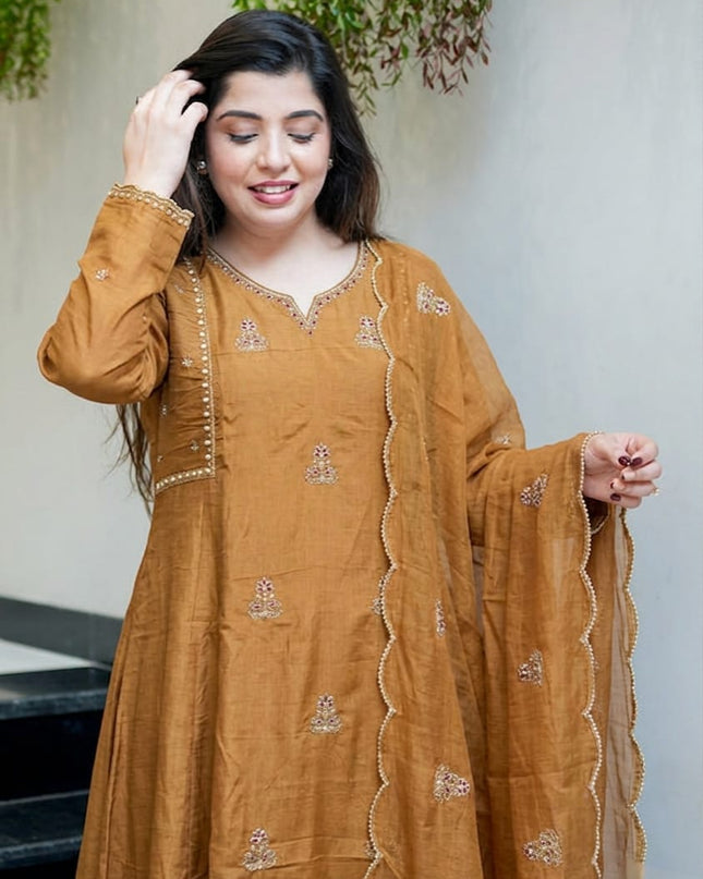 Pure Mul Chanderi 3 Piece Suit Set | Ethnic Wear - Rosepetals Luxe