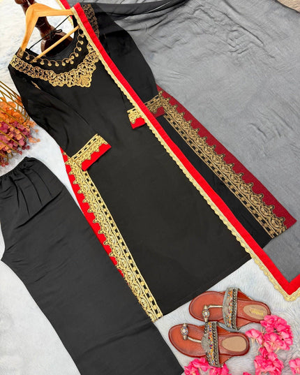 Pure Mul Chanderi Top Palazzo Set with Dupatta | Black | 3mm Sequence Embroidery | Festive Wear - Rosepetals Luxe