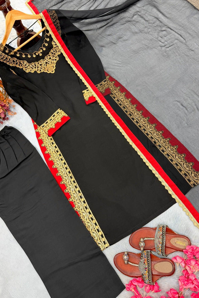 Pure Mul Chanderi Top Palazzo Set with Dupatta | Black | 3mm Sequence Embroidery | Festive Wear - Rosepetals Luxe
