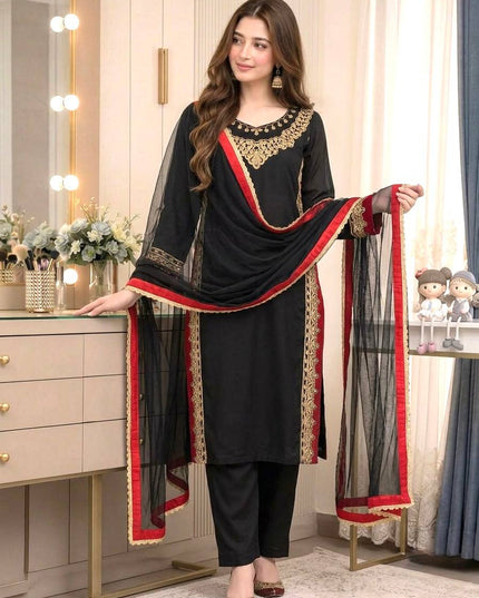Pure Mul Chanderi Top Palazzo Set with Dupatta | Black | 3mm Sequence Embroidery | Festive Wear - Rosepetals Luxe