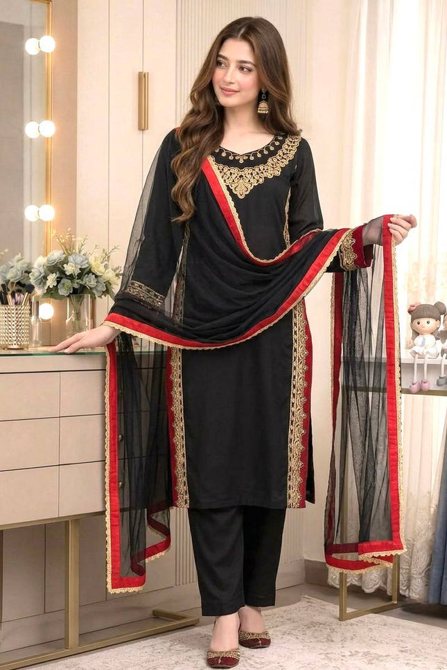 Pure Mul Chanderi Top Palazzo Set with Dupatta | Black | 3mm Sequence Embroidery | Festive Wear - Rosepetals Luxe