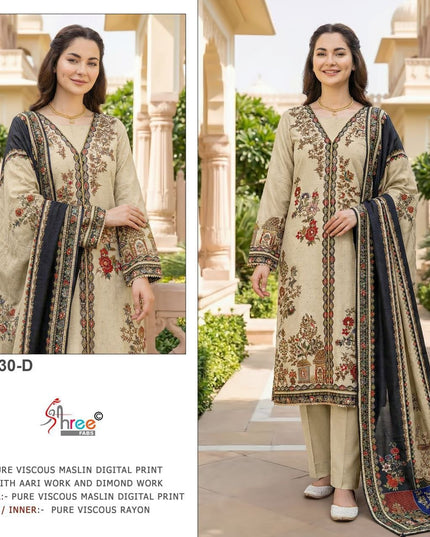 Pure Muslin Digital Print Suit Set with Aari & Handwork Dupatta - Rosepetals Luxe