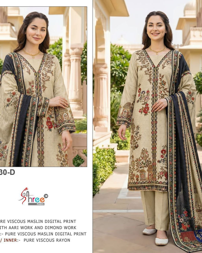 Pure Muslin Digital Print Suit Set with Aari & Handwork Dupatta - Rosepetals Luxe