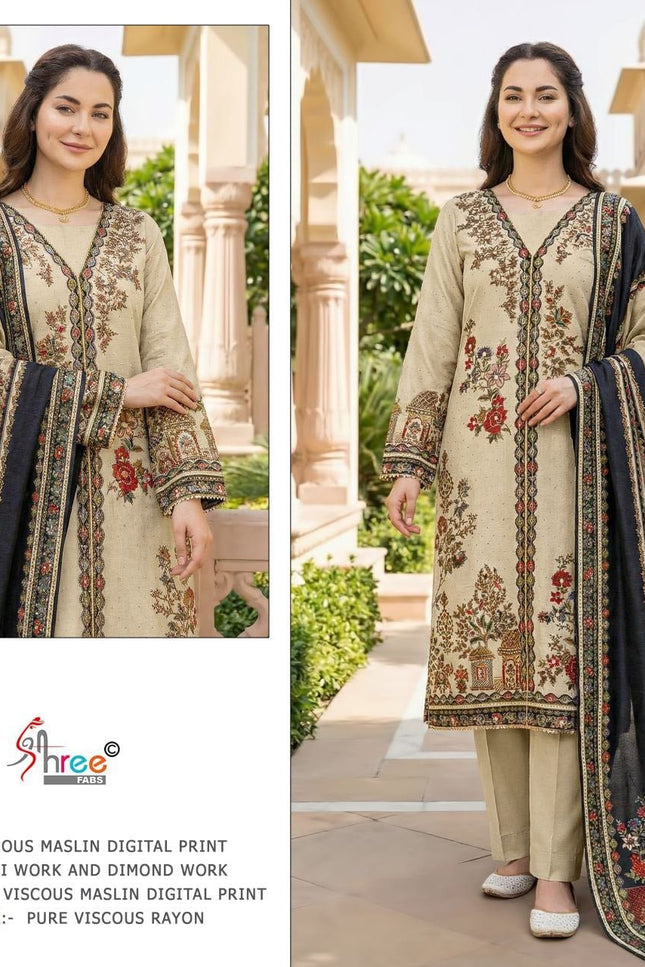 Pure Muslin Digital Print Suit Set with Aari & Handwork Dupatta - Rosepetals Luxe