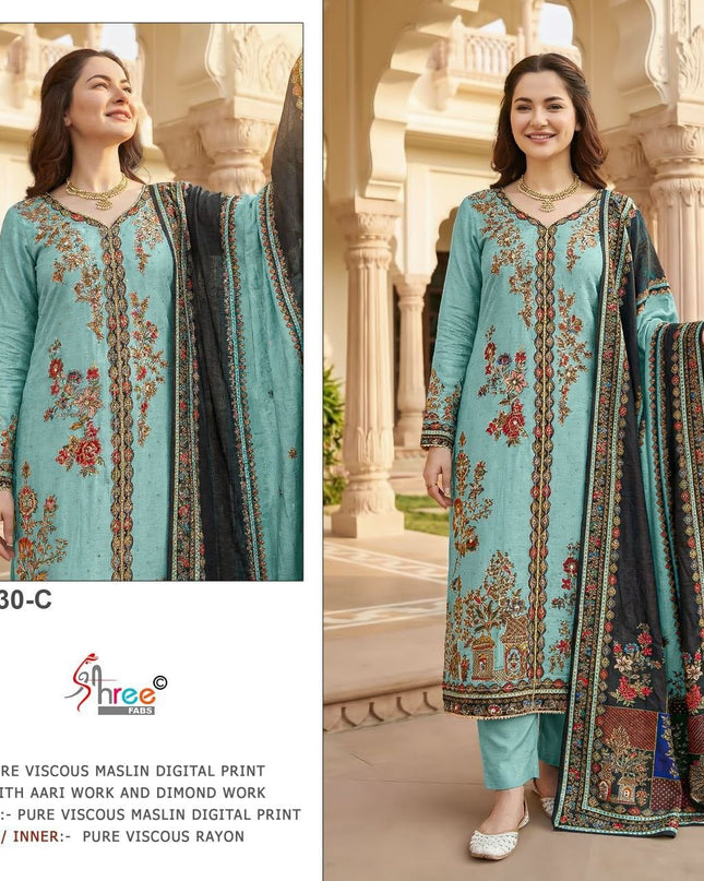 Pure Muslin Digital Print Suit Set with Aari & Handwork Dupatta - Rosepetals Luxe