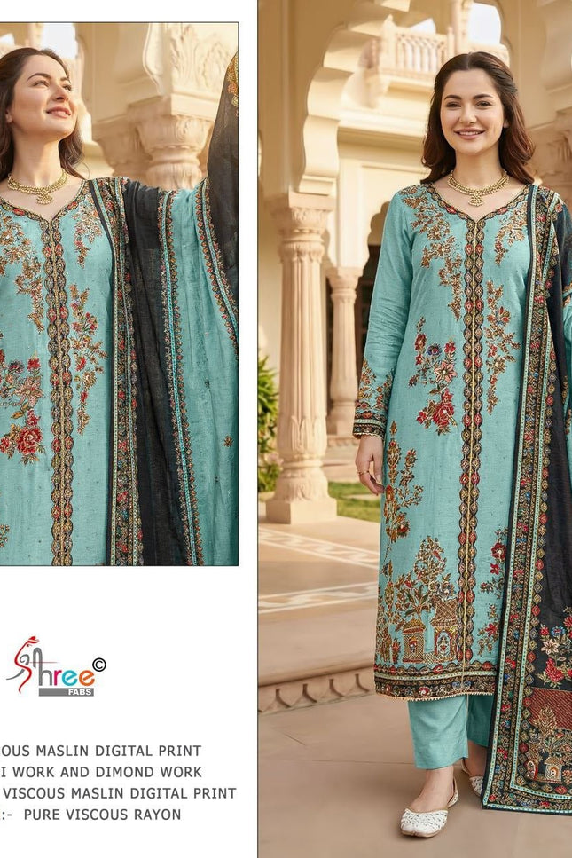 Pure Muslin Digital Print Suit Set with Aari & Handwork Dupatta - Rosepetals Luxe
