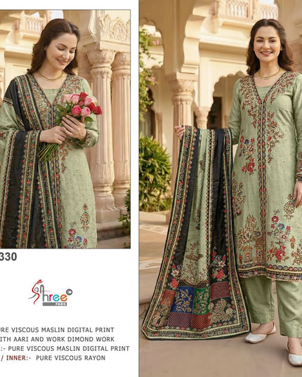Pure Muslin Digital Print Suit Set with Aari & Handwork Dupatta - Rosepetals Luxe