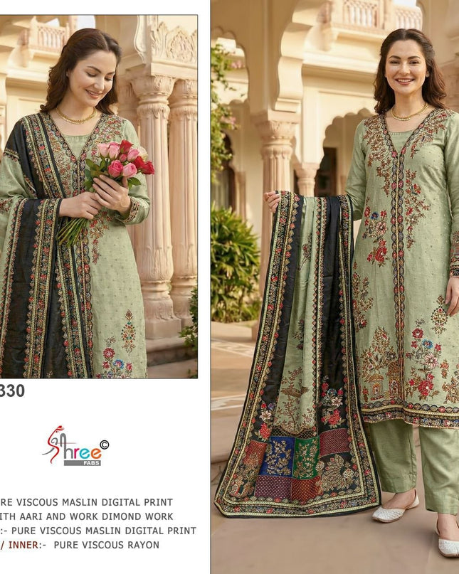 Pure Muslin Digital Print Suit Set with Aari & Handwork Dupatta - Rosepetals Luxe