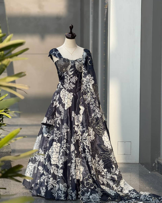 Pure Organza Digital Printed 8mtr Flair Black Lehenga With Designer Batwa Bag | Embroidery Sequence Work - Rosepetals Luxe