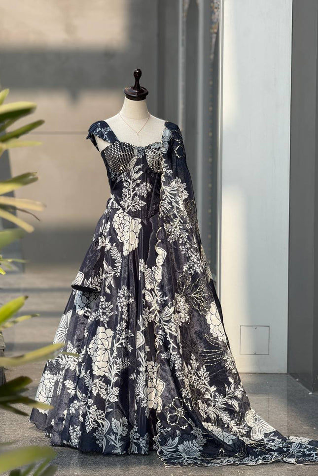 Pure Organza Digital Printed 8mtr Flair Black Lehenga With Designer Batwa Bag | Embroidery Sequence Work - Rosepetals Luxe