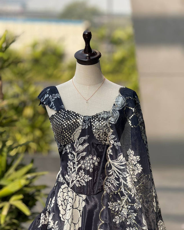 Pure Organza Digital Printed 8mtr Flair Black Lehenga With Designer Batwa Bag | Embroidery Sequence Work - Rosepetals Luxe