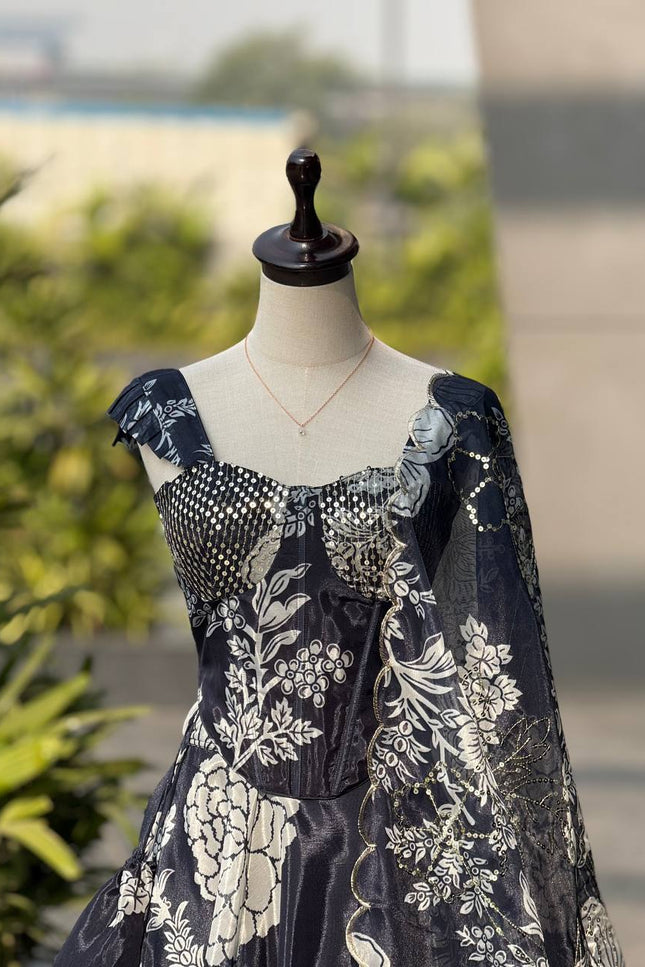 Pure Organza Digital Printed 8mtr Flair Black Lehenga With Designer Batwa Bag | Embroidery Sequence Work - Rosepetals Luxe