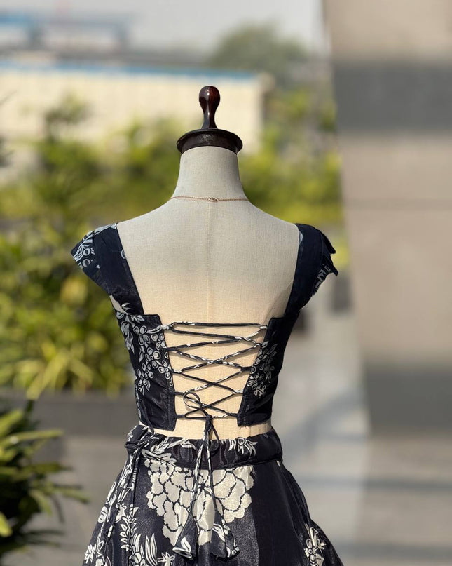 Pure Organza Digital Printed 8mtr Flair Black Lehenga With Designer Batwa Bag | Embroidery Sequence Work - Rosepetals Luxe