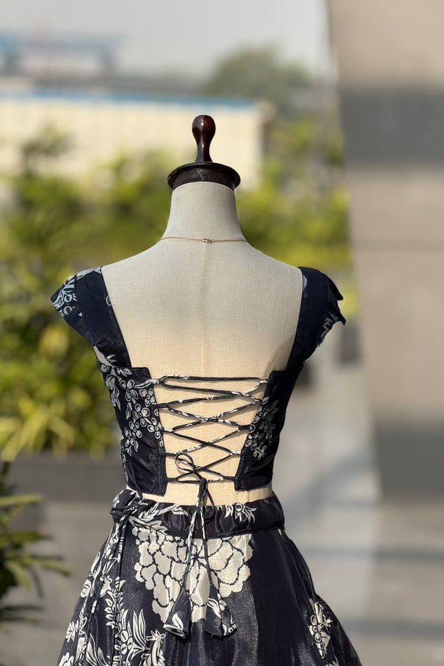 Pure Organza Digital Printed 8mtr Flair Black Lehenga With Designer Batwa Bag | Embroidery Sequence Work - Rosepetals Luxe