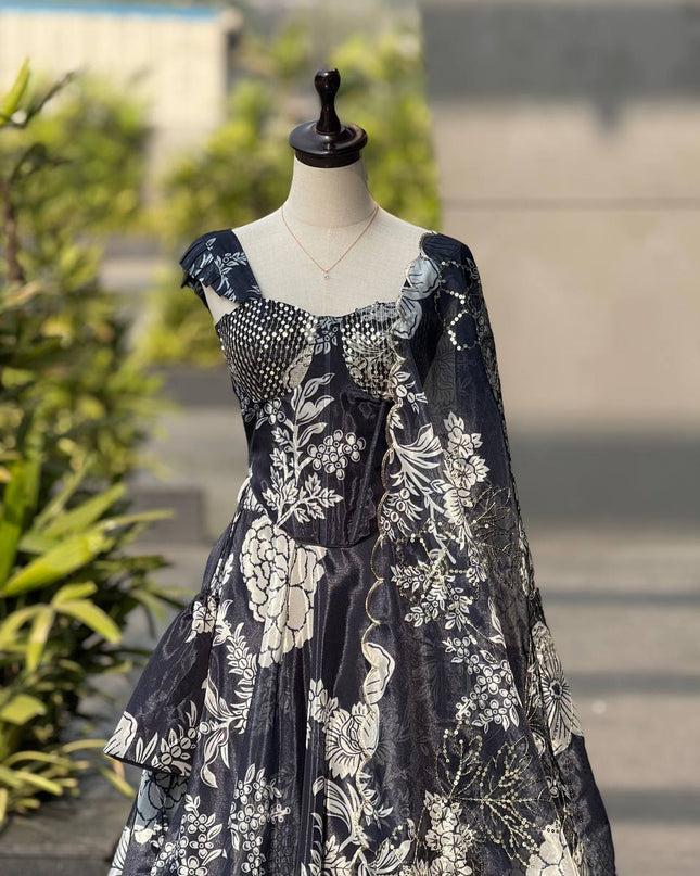 Pure Organza Digital Printed 8mtr Flair Black Lehenga With Designer Batwa Bag | Embroidery Sequence Work - Rosepetals Luxe