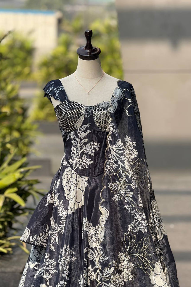 Pure Organza Digital Printed 8mtr Flair Black Lehenga With Designer Batwa Bag | Embroidery Sequence Work - Rosepetals Luxe
