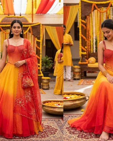 Pure Organza Digital Printed 8mtr Flair Lehenga With Designer Batwa Bag | Embroidery Sequence Work - Rosepetals Luxe
