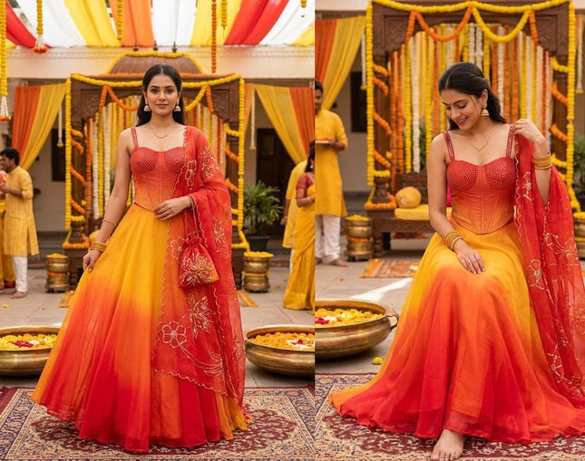 Pure Organza Digital Printed 8mtr Flair Lehenga With Designer Batwa Bag | Embroidery Sequence Work - Rosepetals Luxe