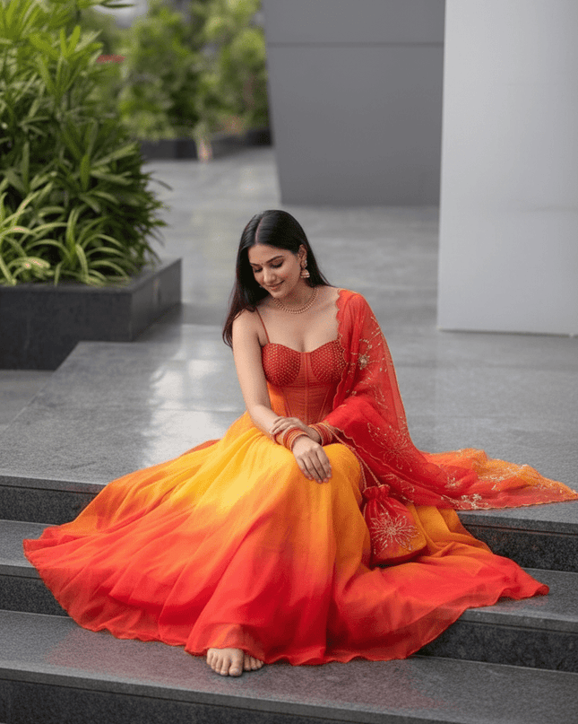 Pure Organza Digital Printed 8mtr Flair Lehenga With Designer Batwa Bag | Embroidery Sequence Work - Rosepetals Luxe