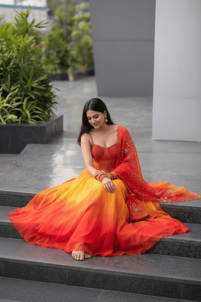 Pure Organza Digital Printed 8mtr Flair Lehenga With Designer Batwa Bag | Embroidery Sequence Work - Rosepetals Luxe
