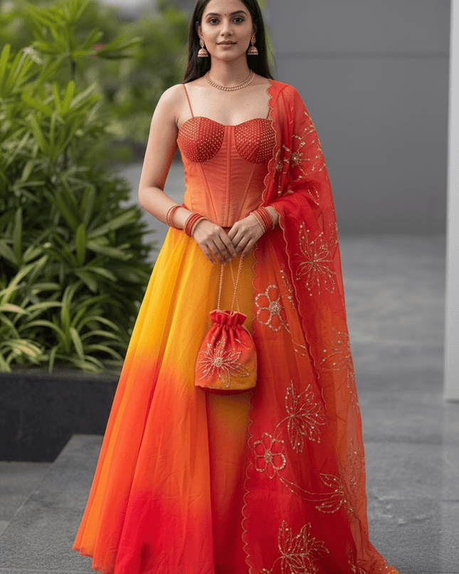 Pure Organza Digital Printed 8mtr Flair Lehenga With Designer Batwa Bag | Embroidery Sequence Work - Rosepetals Luxe