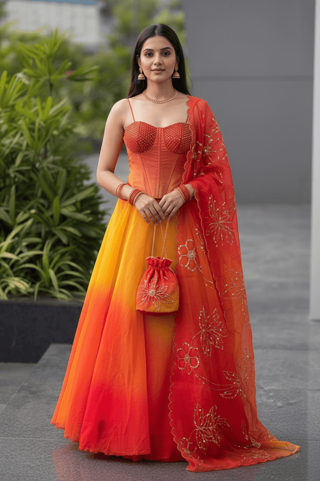 Pure Organza Digital Printed 8mtr Flair Lehenga With Designer Batwa Bag | Embroidery Sequence Work - Rosepetals Luxe
