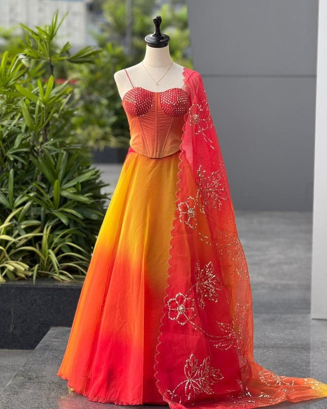 Pure Organza Digital Printed 8mtr Flair Lehenga With Designer Batwa Bag | Embroidery Sequence Work - Rosepetals Luxe