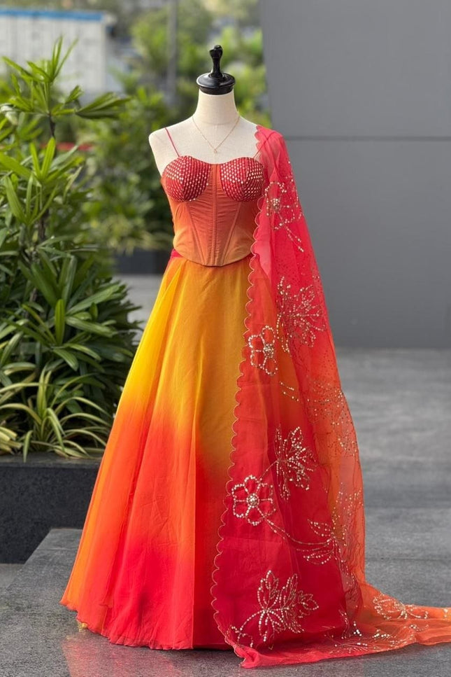 Pure Organza Digital Printed 8mtr Flair Lehenga With Designer Batwa Bag | Embroidery Sequence Work - Rosepetals Luxe