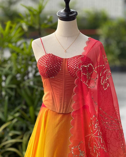 Pure Organza Digital Printed 8mtr Flair Lehenga With Designer Batwa Bag | Embroidery Sequence Work - Rosepetals Luxe