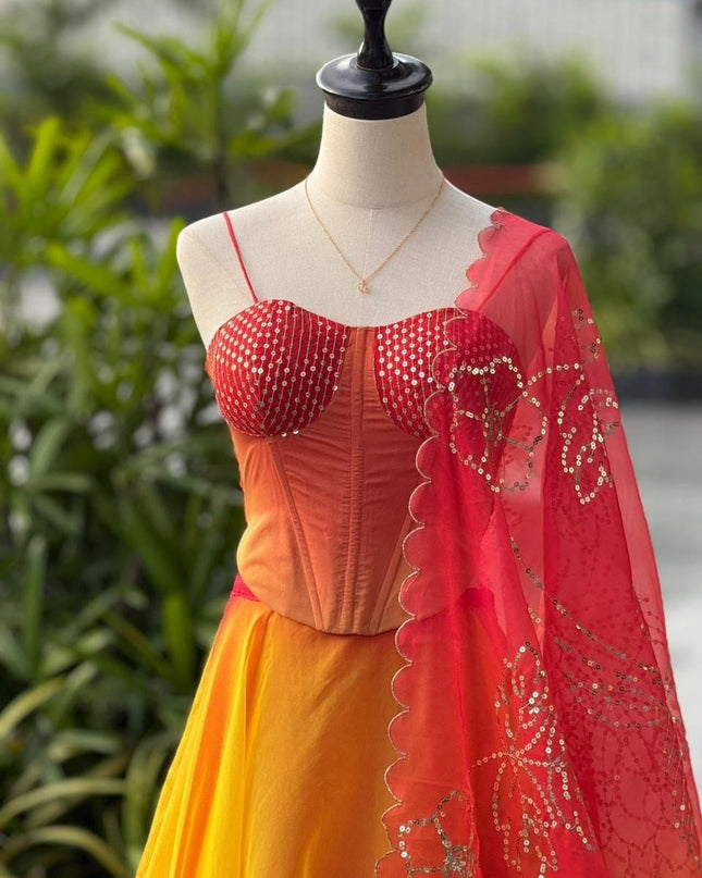 Pure Organza Digital Printed 8mtr Flair Lehenga With Designer Batwa Bag | Embroidery Sequence Work - Rosepetals Luxe