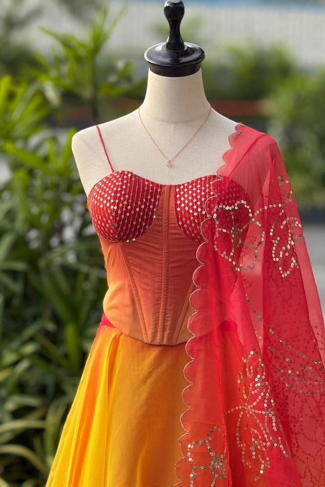 Pure Organza Digital Printed 8mtr Flair Lehenga With Designer Batwa Bag | Embroidery Sequence Work - Rosepetals Luxe