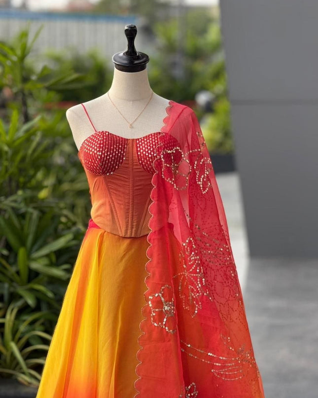 Pure Organza Digital Printed 8mtr Flair Lehenga With Designer Batwa Bag | Embroidery Sequence Work - Rosepetals Luxe