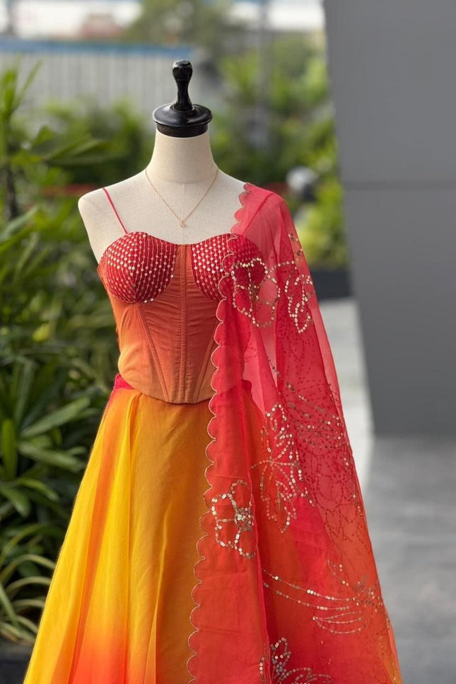 Pure Organza Digital Printed 8mtr Flair Lehenga With Designer Batwa Bag | Embroidery Sequence Work - Rosepetals Luxe