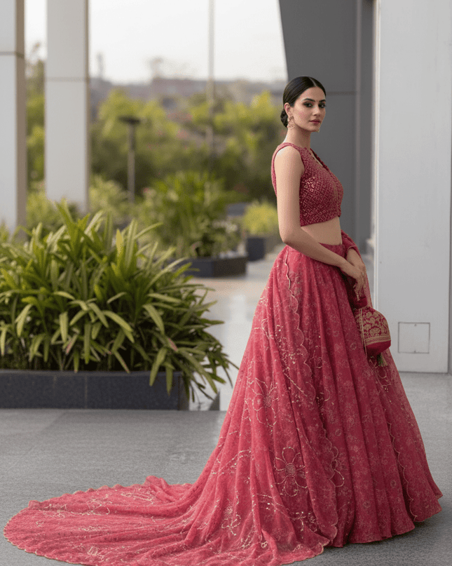 Pure Organza Lehenga Set | Sequin Embroidery | Fully Stitched Blouse, Dupatta & Designer Batwa Bag - Rosepetals Luxe