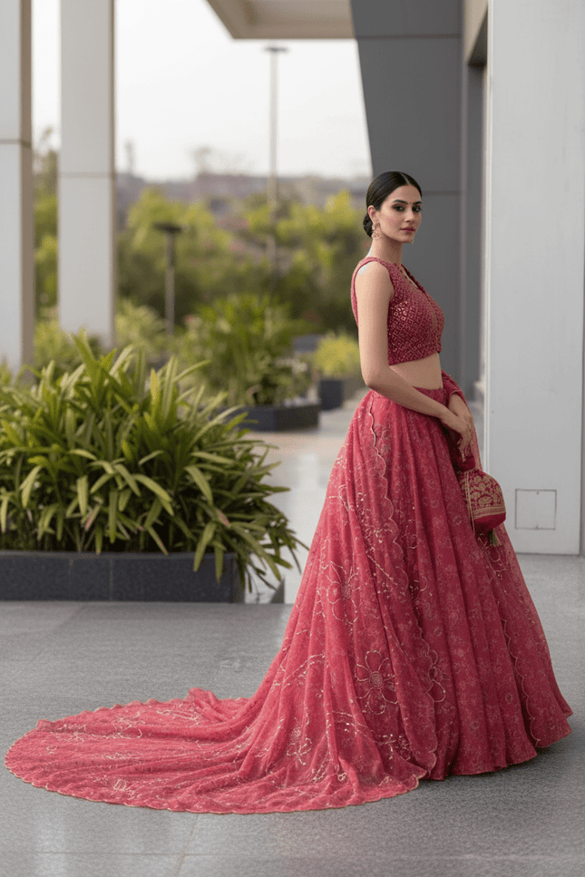 Pure Organza Lehenga Set | Sequin Embroidery | Fully Stitched Blouse, Dupatta & Designer Batwa Bag - Rosepetals Luxe