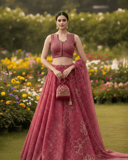 Pure Organza Lehenga Set | Sequin Embroidery | Fully Stitched Blouse, Dupatta & Designer Batwa Bag - Rosepetals Luxe
