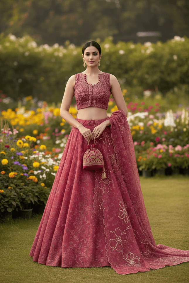 Pure Organza Lehenga Set | Sequin Embroidery | Fully Stitched Blouse, Dupatta & Designer Batwa Bag - Rosepetals Luxe