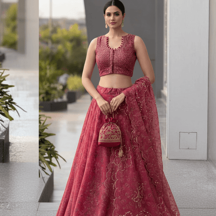 Pure Organza Lehenga Set | Sequin Embroidery | Fully Stitched Blouse, Dupatta & Designer Batwa Bag - Rosepetals Luxe