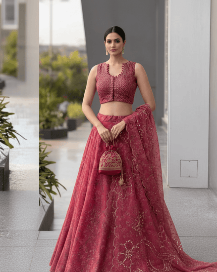 Pure Organza Lehenga Set | Sequin Embroidery | Fully Stitched Blouse, Dupatta & Designer Batwa Bag - Rosepetals Luxe