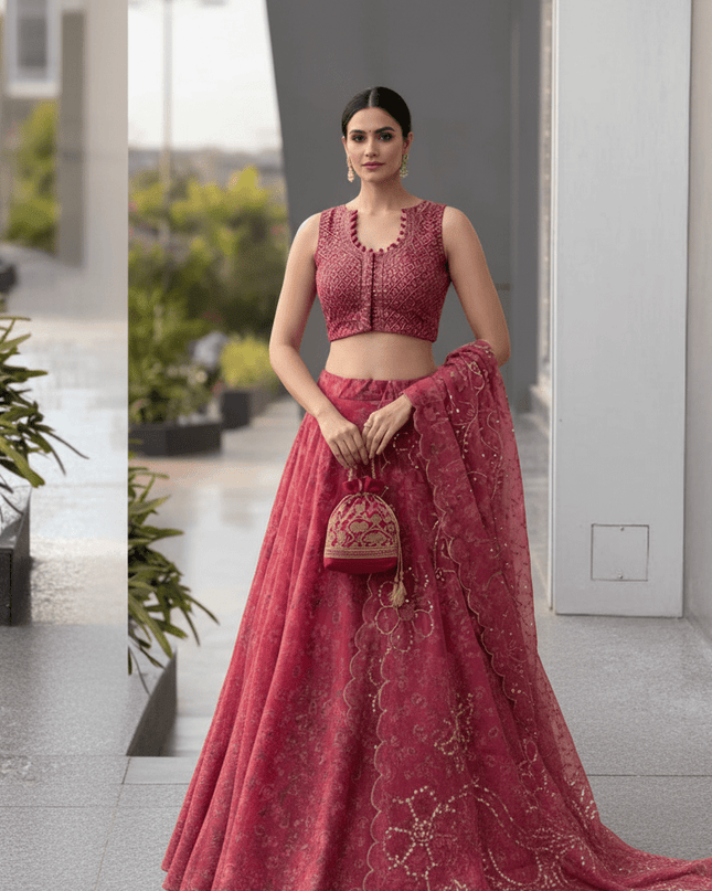 Pure Organza Lehenga Set | Sequin Embroidery | Fully Stitched Blouse, Dupatta & Designer Batwa Bag - Rosepetals Luxe