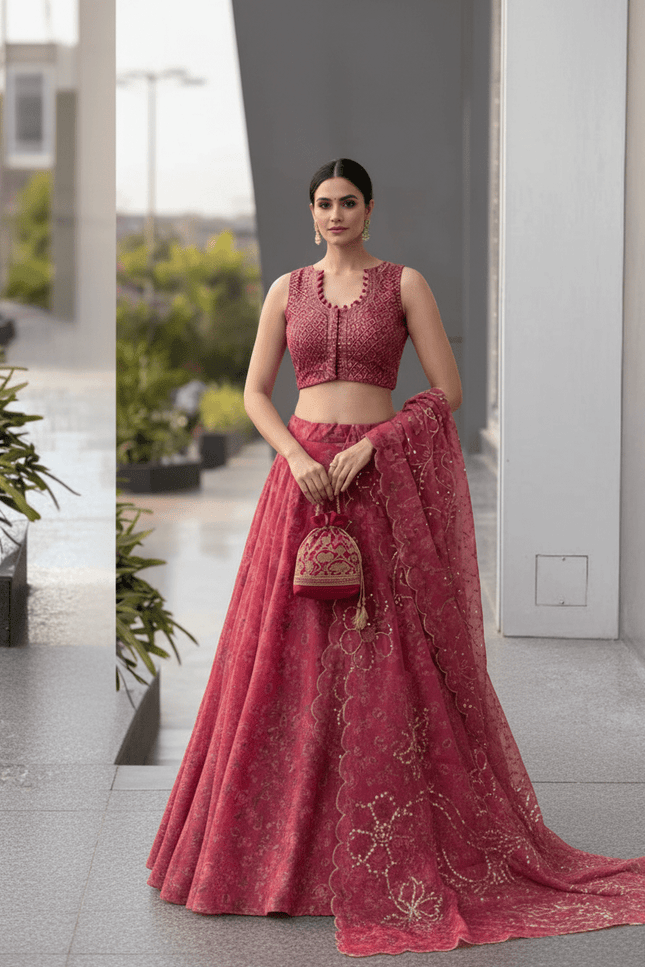 Pure Organza Lehenga Set | Sequin Embroidery | Fully Stitched Blouse, Dupatta & Designer Batwa Bag - Rosepetals Luxe
