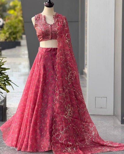 Pure Organza Lehenga Set | Sequin Embroidery | Fully Stitched Blouse, Dupatta & Designer Batwa Bag - Rosepetals Luxe