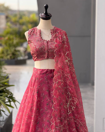 Pure Organza Lehenga Set | Sequin Embroidery | Fully Stitched Blouse, Dupatta & Designer Batwa Bag - Rosepetals Luxe