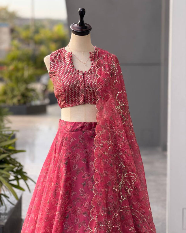 Pure Organza Lehenga Set | Sequin Embroidery | Fully Stitched Blouse, Dupatta & Designer Batwa Bag - Rosepetals Luxe