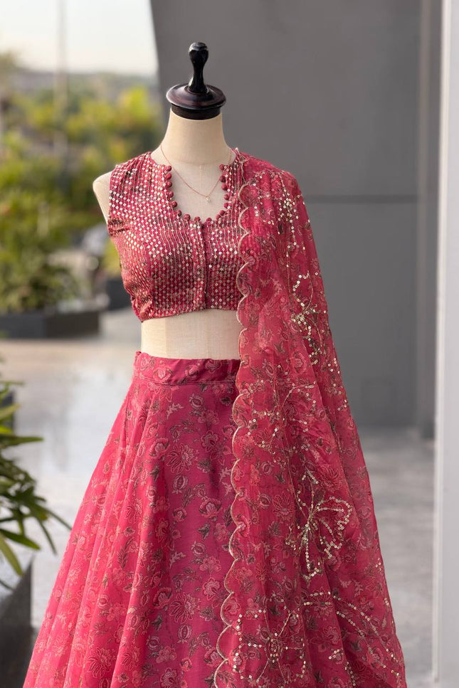 Pure Organza Lehenga Set | Sequin Embroidery | Fully Stitched Blouse, Dupatta & Designer Batwa Bag - Rosepetals Luxe