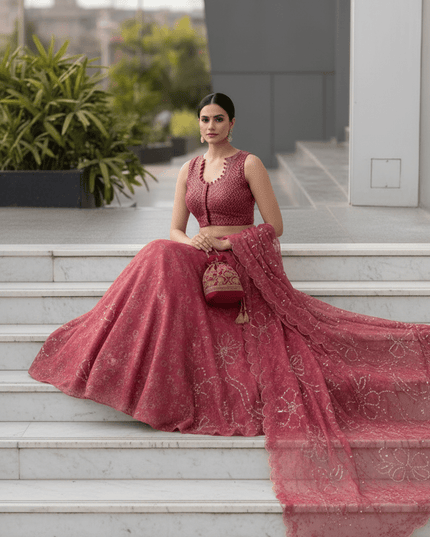 Pure Organza Lehenga Set | Sequin Embroidery | Fully Stitched Blouse, Dupatta & Designer Batwa Bag - Rosepetals Luxe