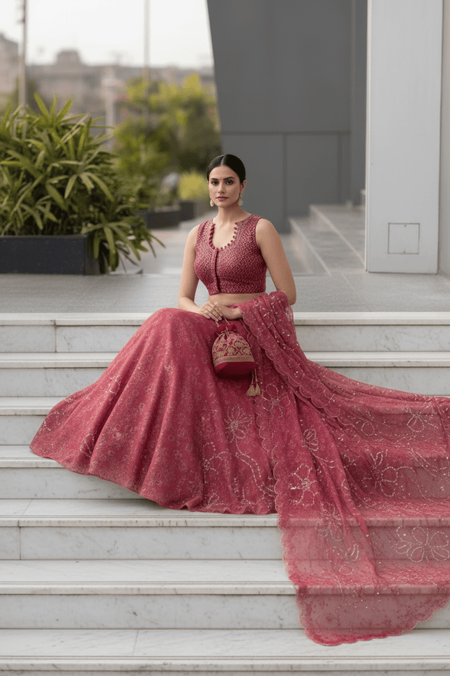Pure Organza Lehenga Set | Sequin Embroidery | Fully Stitched Blouse, Dupatta & Designer Batwa Bag - Rosepetals Luxe