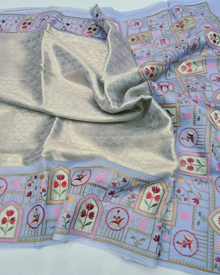 Pure Organza Saree | Brocade Weaving & Multi-Color Embroidery Border | Dual-Tone Pallu - Rosepetals Luxe