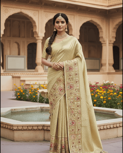 Pure Organza Saree | Brocade Weaving & Multi-Color Embroidery Border | Dual-Tone Pallu - Rosepetals Luxe