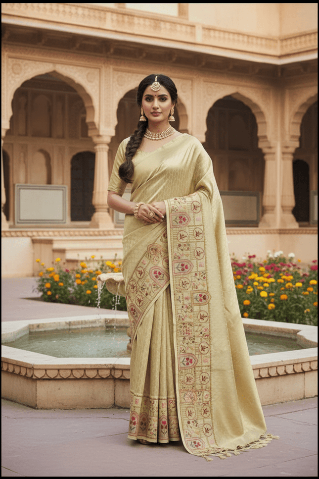 Pure Organza Saree | Brocade Weaving & Multi-Color Embroidery Border | Dual-Tone Pallu - Rosepetals Luxe